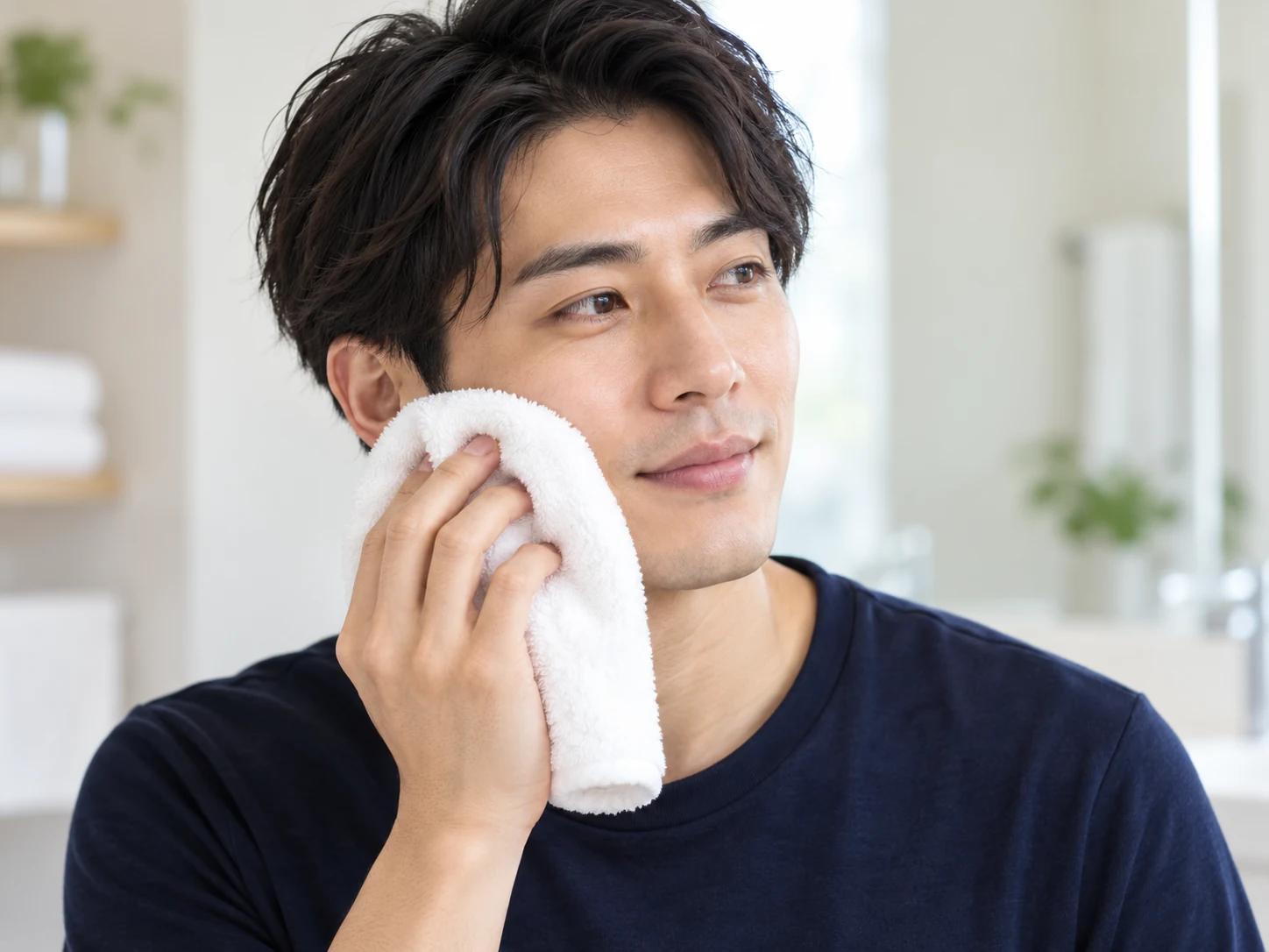 やわらかいタオルを肌にやさしく当てる男性